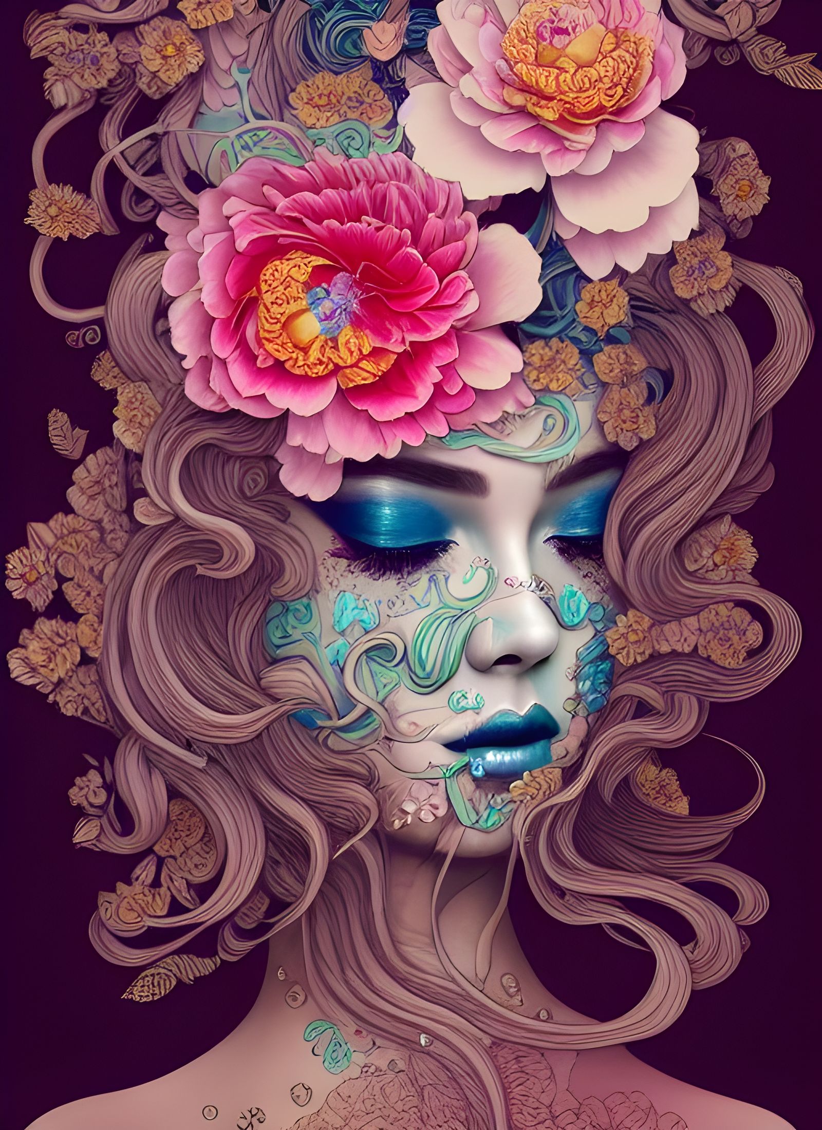 Dreamy Peony Queen: Intricate Ink Illustration