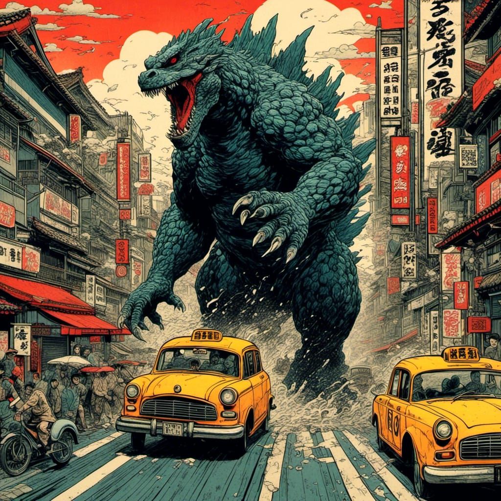 Godzilla in Tokyo: Ukiyo-e Woodblock Print