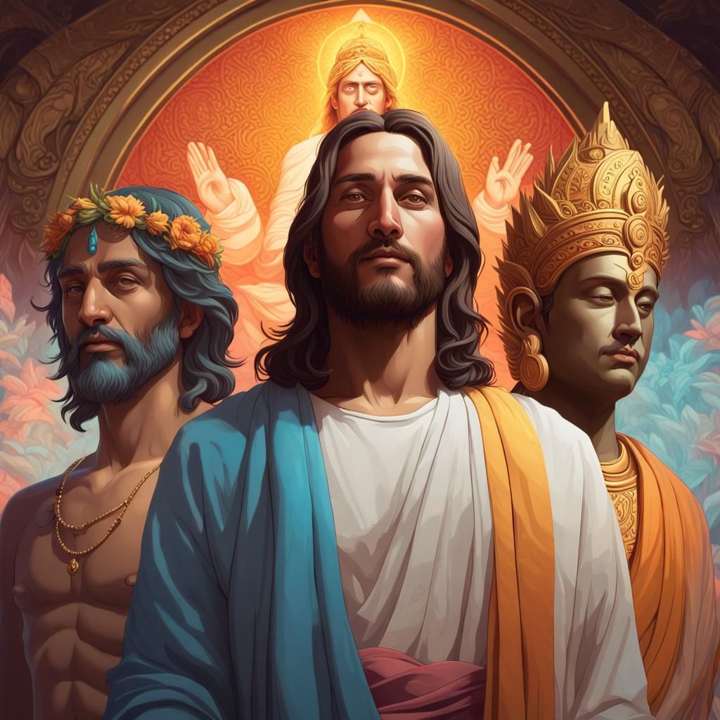 Jesus, Buddha, and Krishna Portrait, Detailed Digital Art