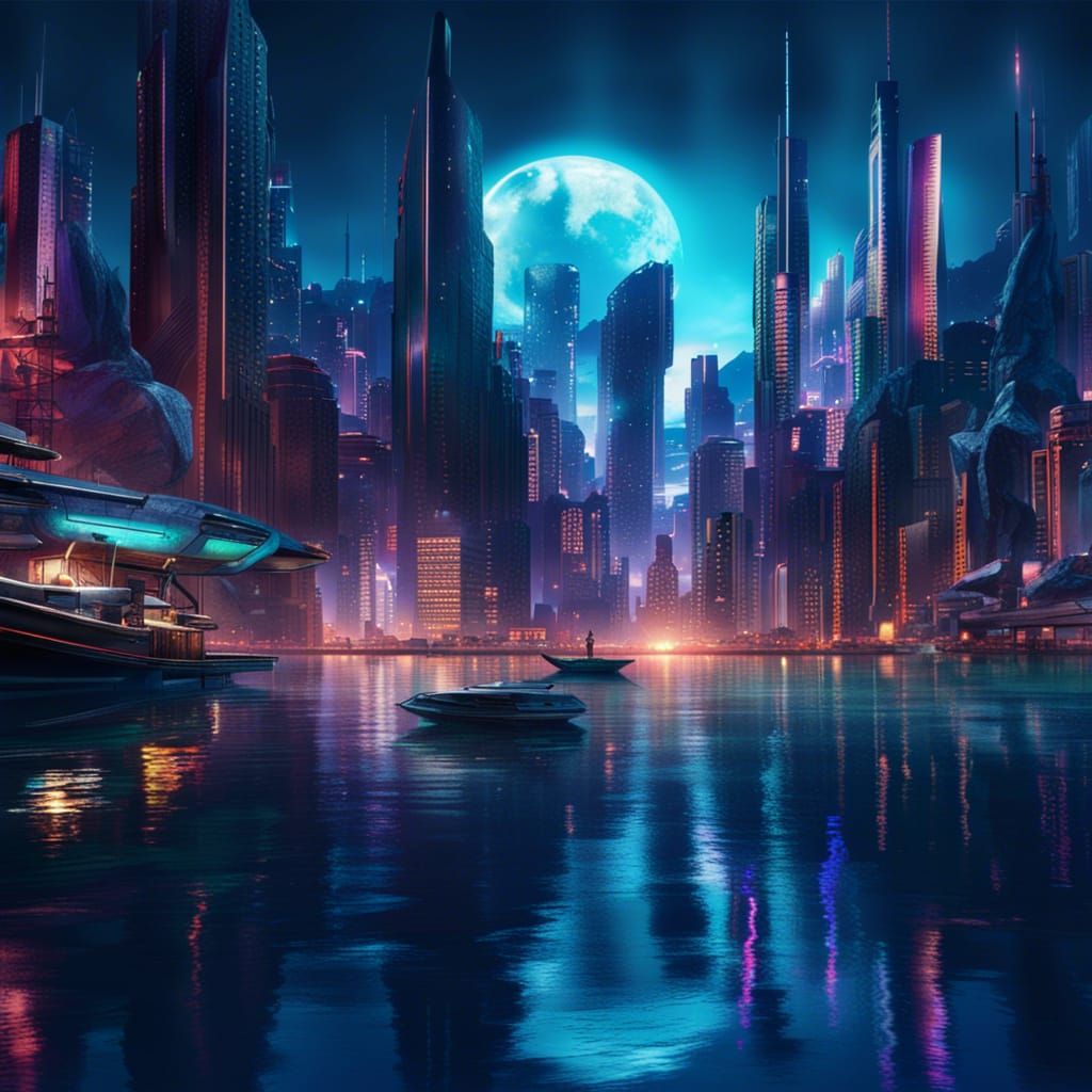 Cyberpunk Metropolis on Lake at Moonlight