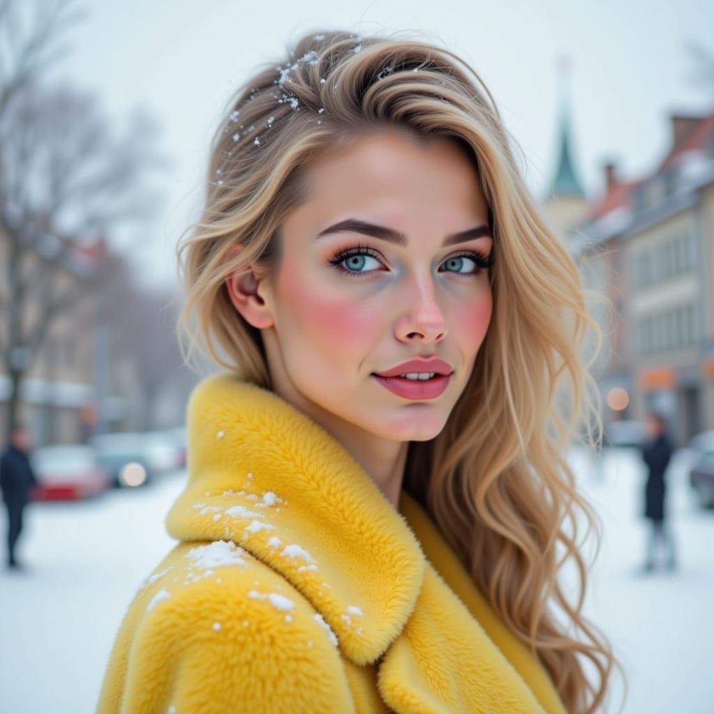 Woman Admiring Snowy Landscape in Winter Yellow Dress