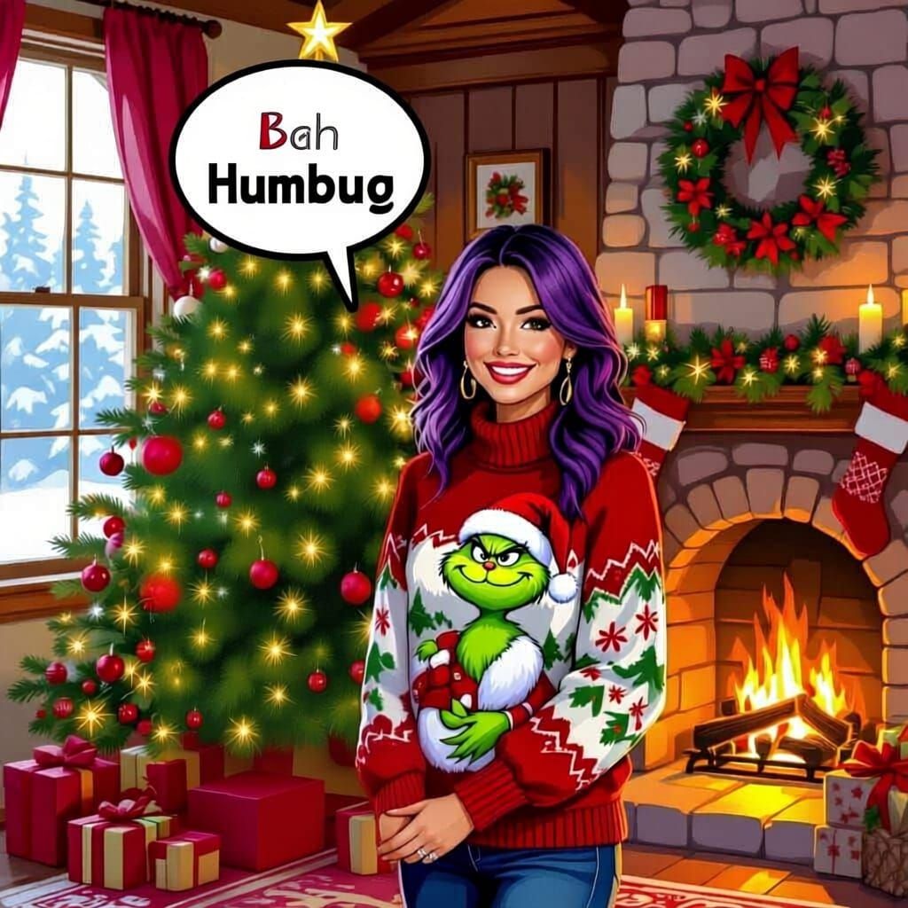 Woman in Grinch Sweater Christmas Scene