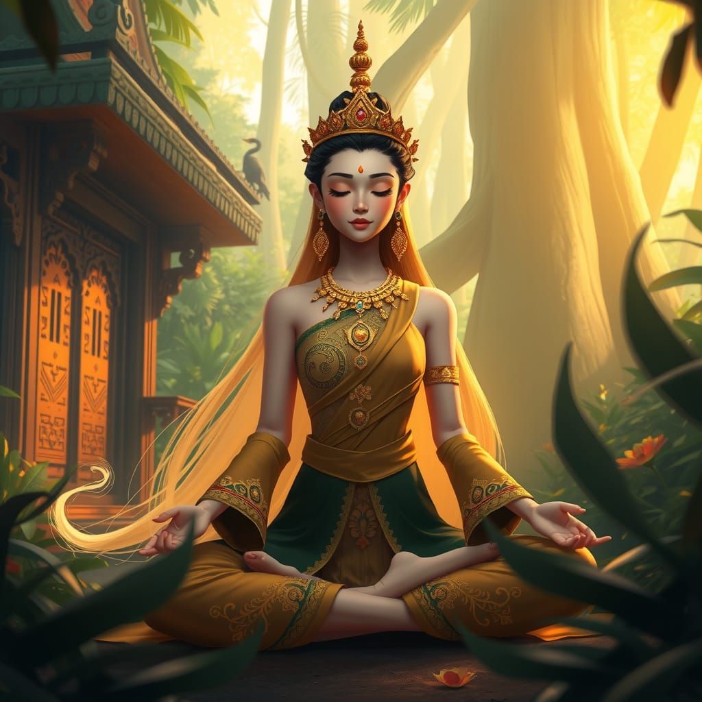 Thai Goddess in Lush Jungle Temple