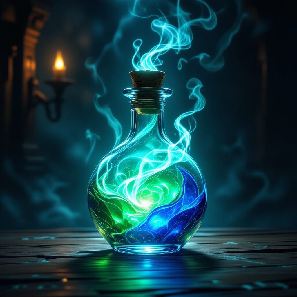 Mystical Potion Bottle on Ancient Table