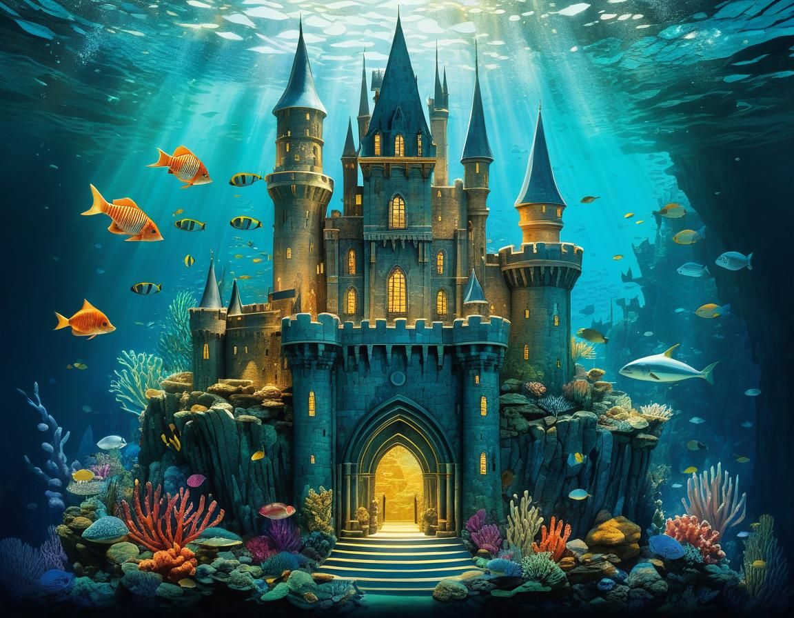 Magical Underwater Castle with Mermaids: Whimsical Illustrat...