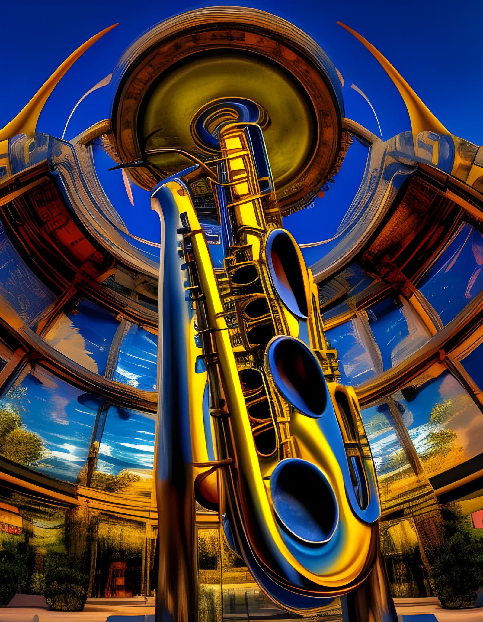 Monumental Saxophone Sculpture with Psychedelic Sunset