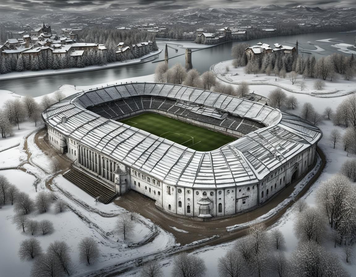 Medieval Soccer Stadium in Snowy Landscape