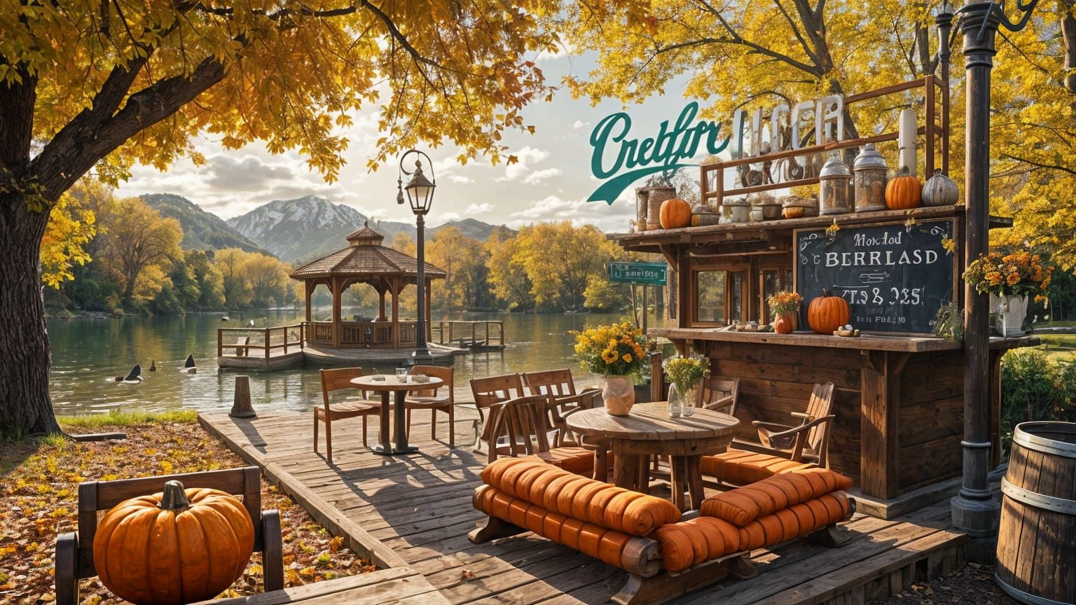 Cozy Lakeside Café in Autumn Wonderland