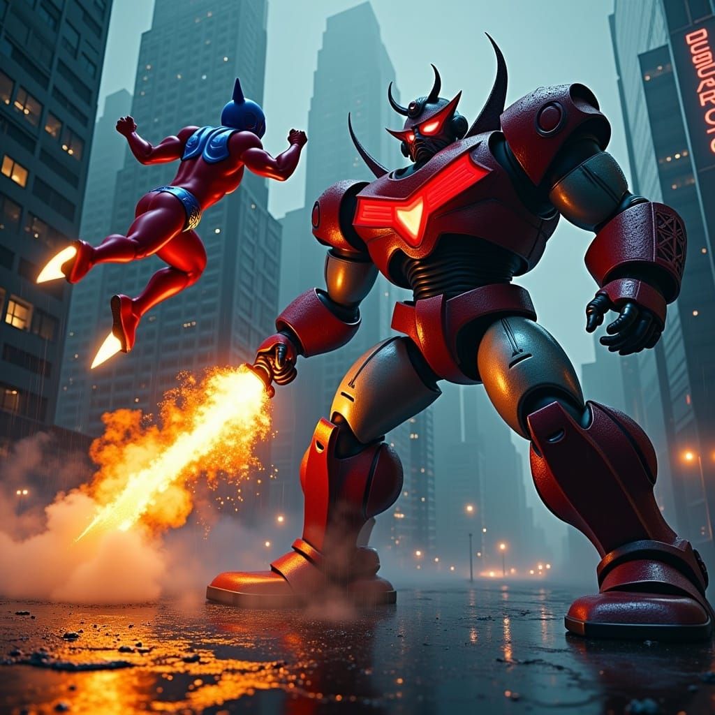 Epic Sci-Fi Robot Battle in a Gritty Cityscape