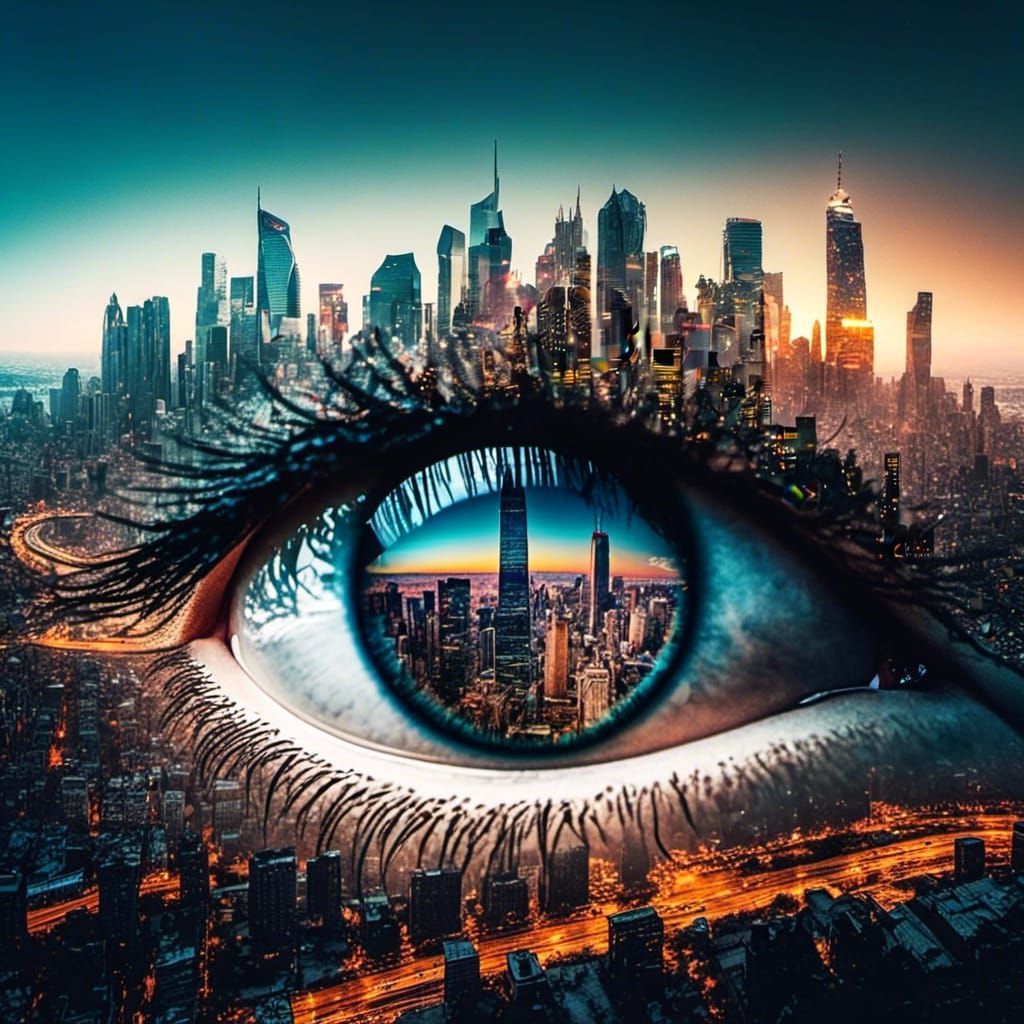 Eye with City Skyline Double Exposure Art