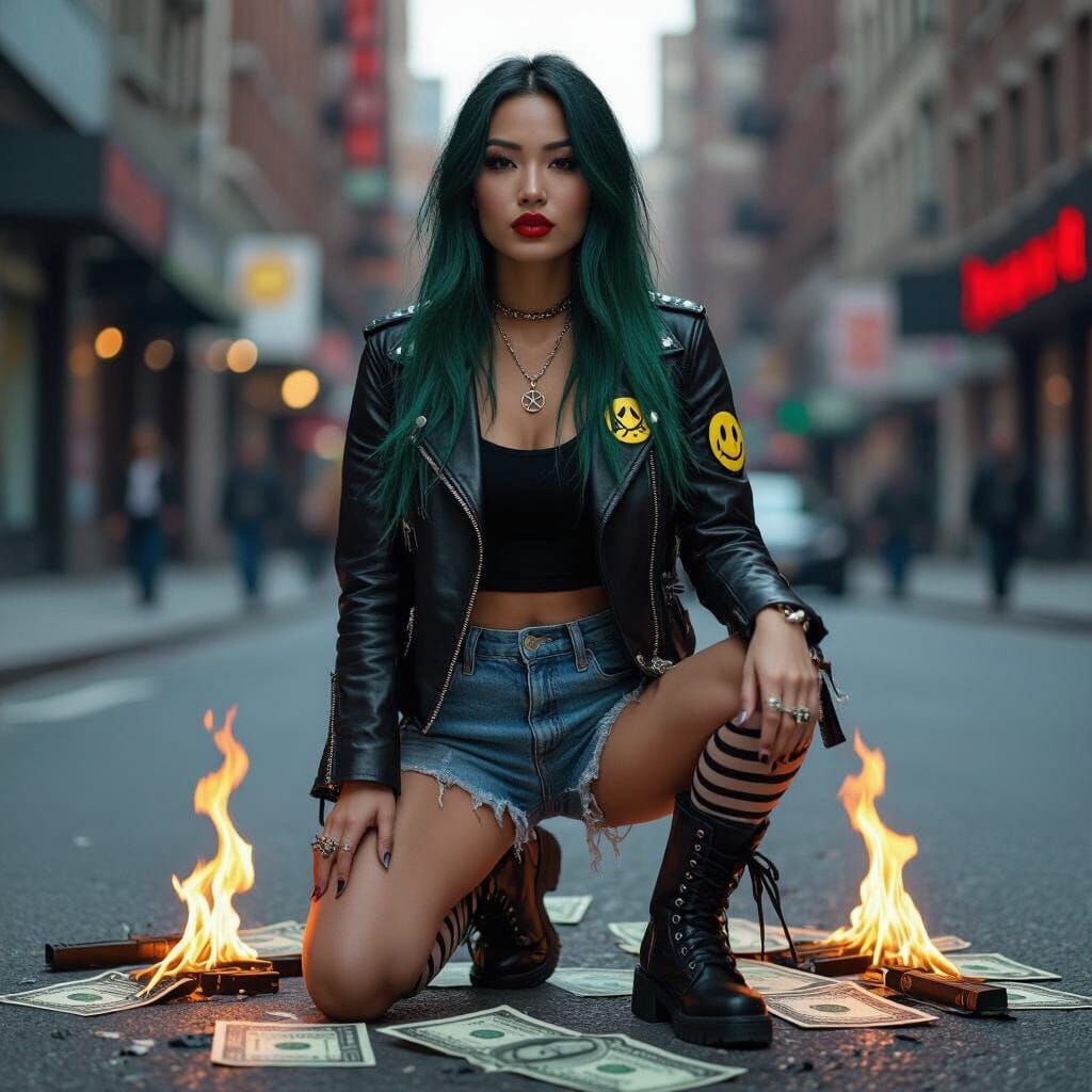 Gothic Punk Woman in Burning Cityscape