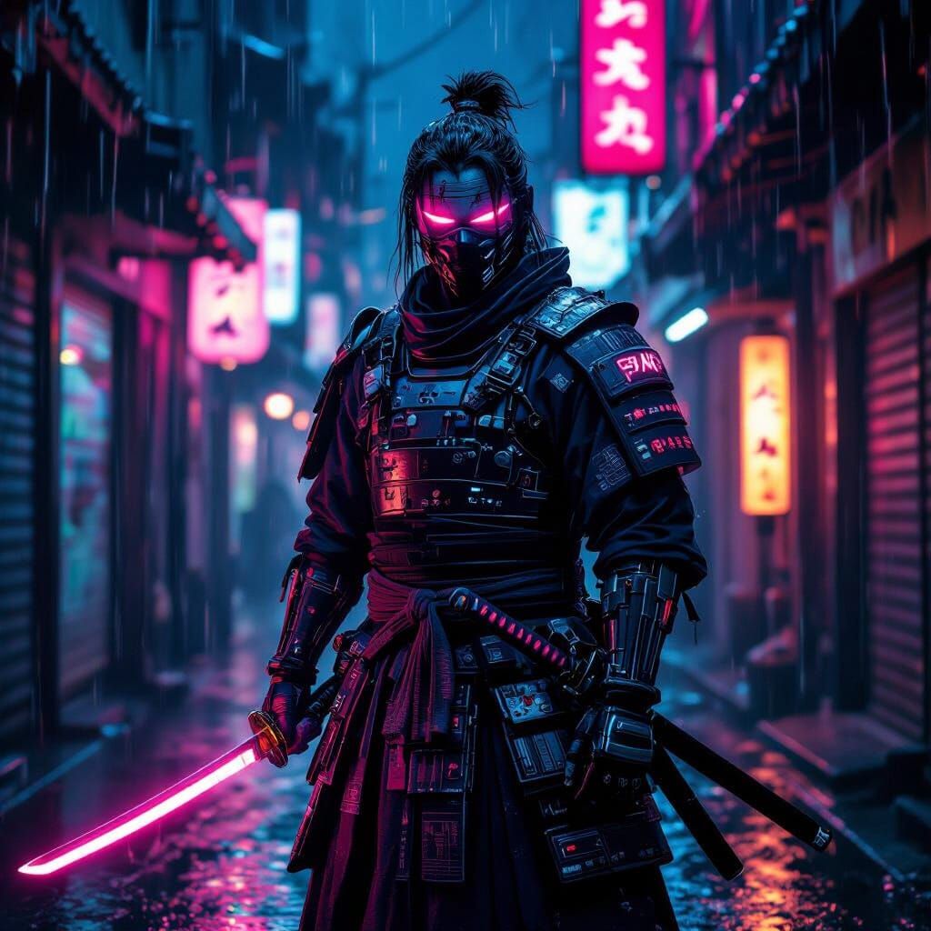 Cyberpunk Samurai in Rain-Soaked Tokyo Alleyway
