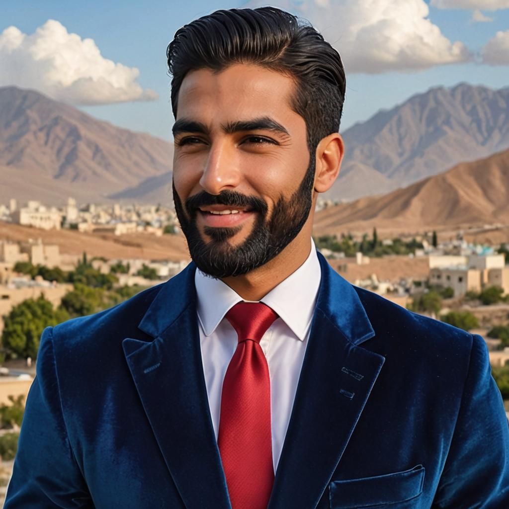 Handsome Man in Blue Velvet Suit, Expressionist Painting