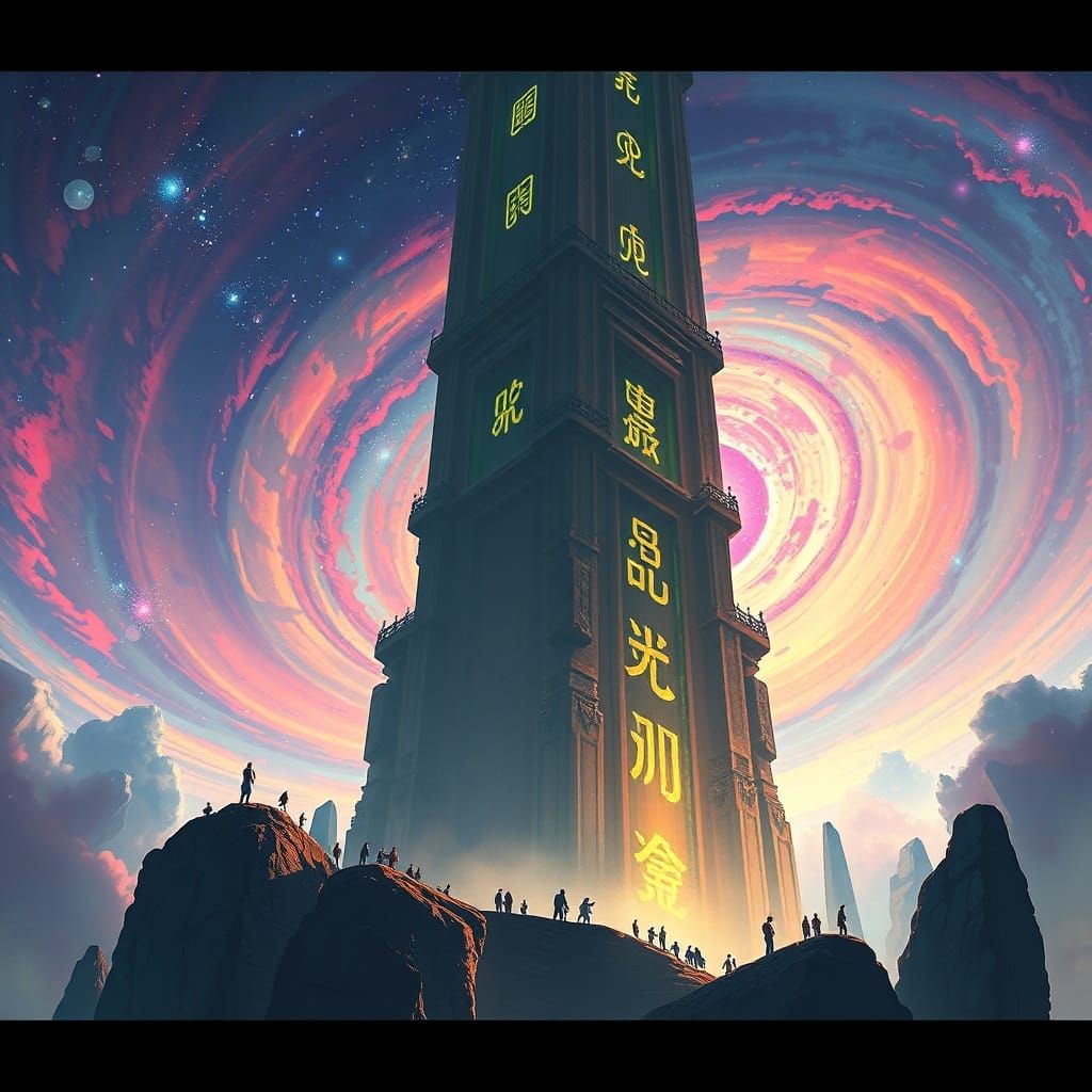 Epic Anime Tower Ascending Colorful Nebula