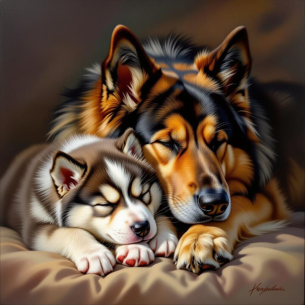 Realistic Oil Painting of Husky Puppy and German Shepherd