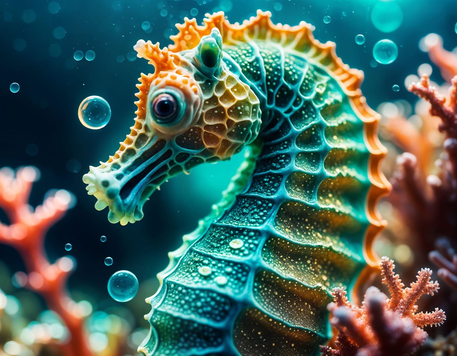 Neon Seahorse in Coral Reef: Macro Photography