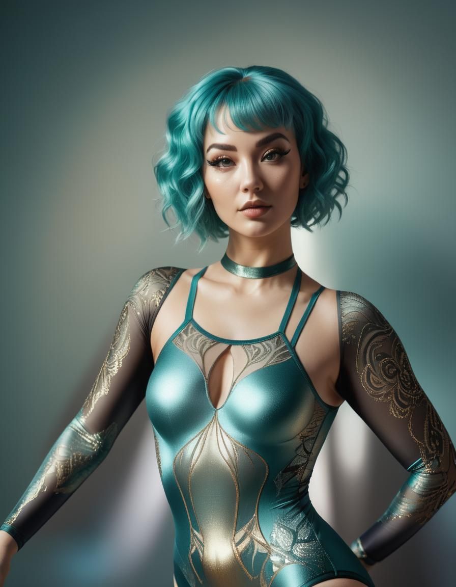 Beautiful Teal-Haired Woman in Photorealistic Portrait