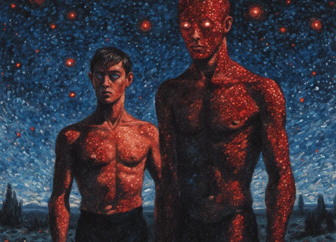 Surreal Pointillist Giant Emerges from Darkness