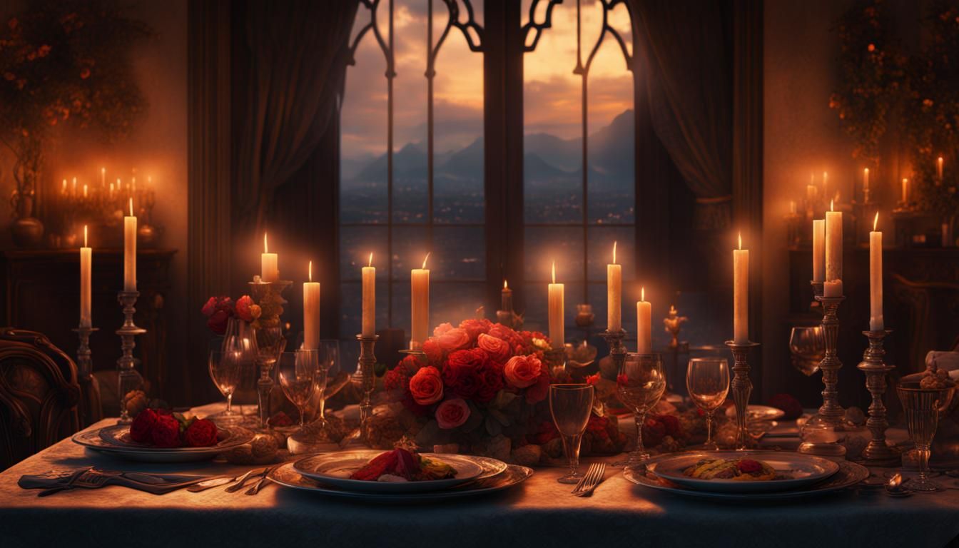 Romantic Candlelit Dinner for Two: Fantasy Digital Art