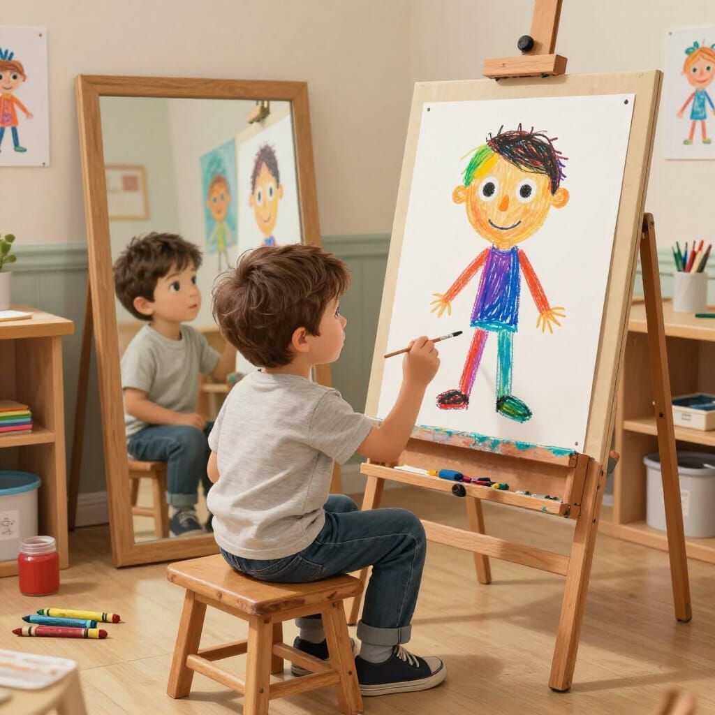 Young Artist Studies Reflection in Nostalgic Classroom