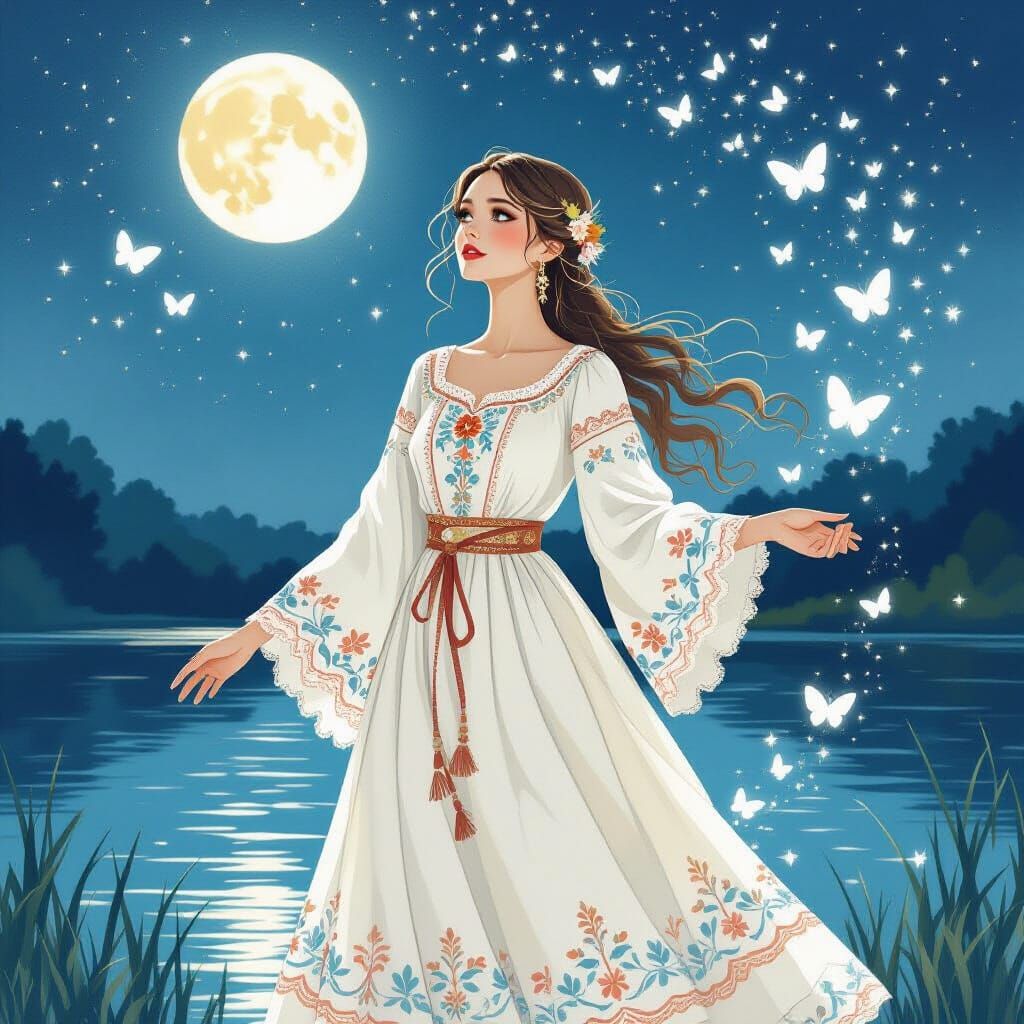 Ethereal Ukrainian Woman by Moonlit Lake in Watercolor Style