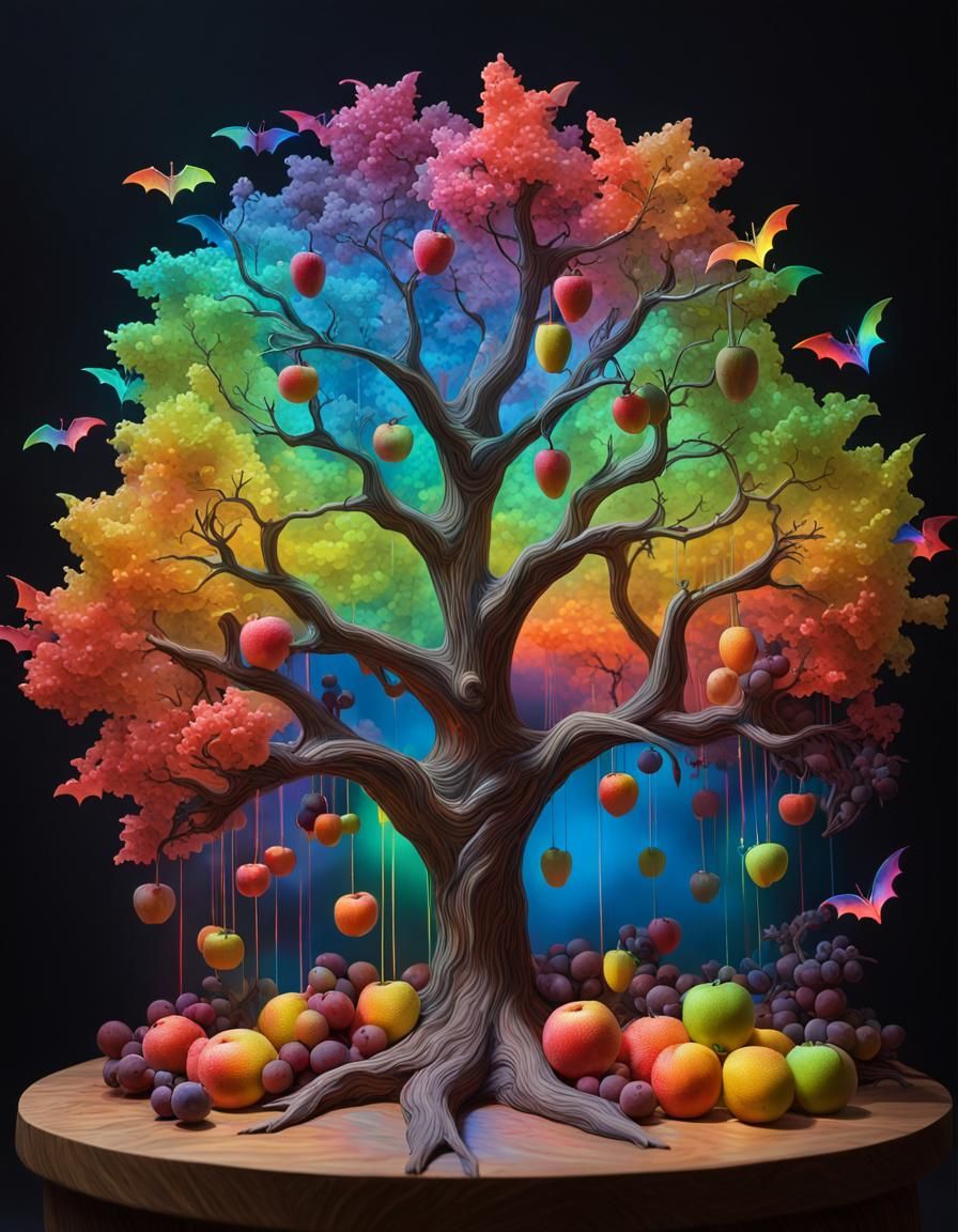 Photoluminescent Trees with Rainbow Fruit and Bats