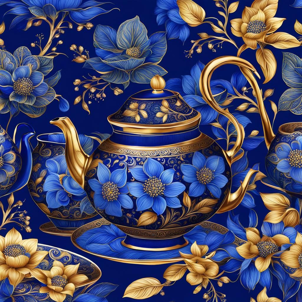 Golden Blue Flower with Cups and Teapot