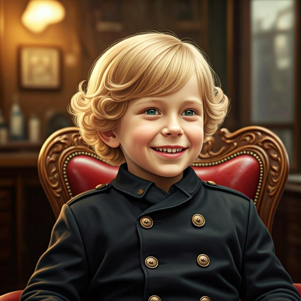 Vintage Barbershop Boy with Bright Smile and Curly Hair