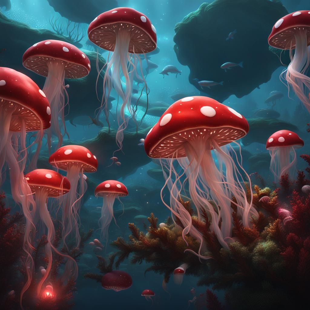 Bioluminescent Mushroom Jellyfish and Fish in Deep Color