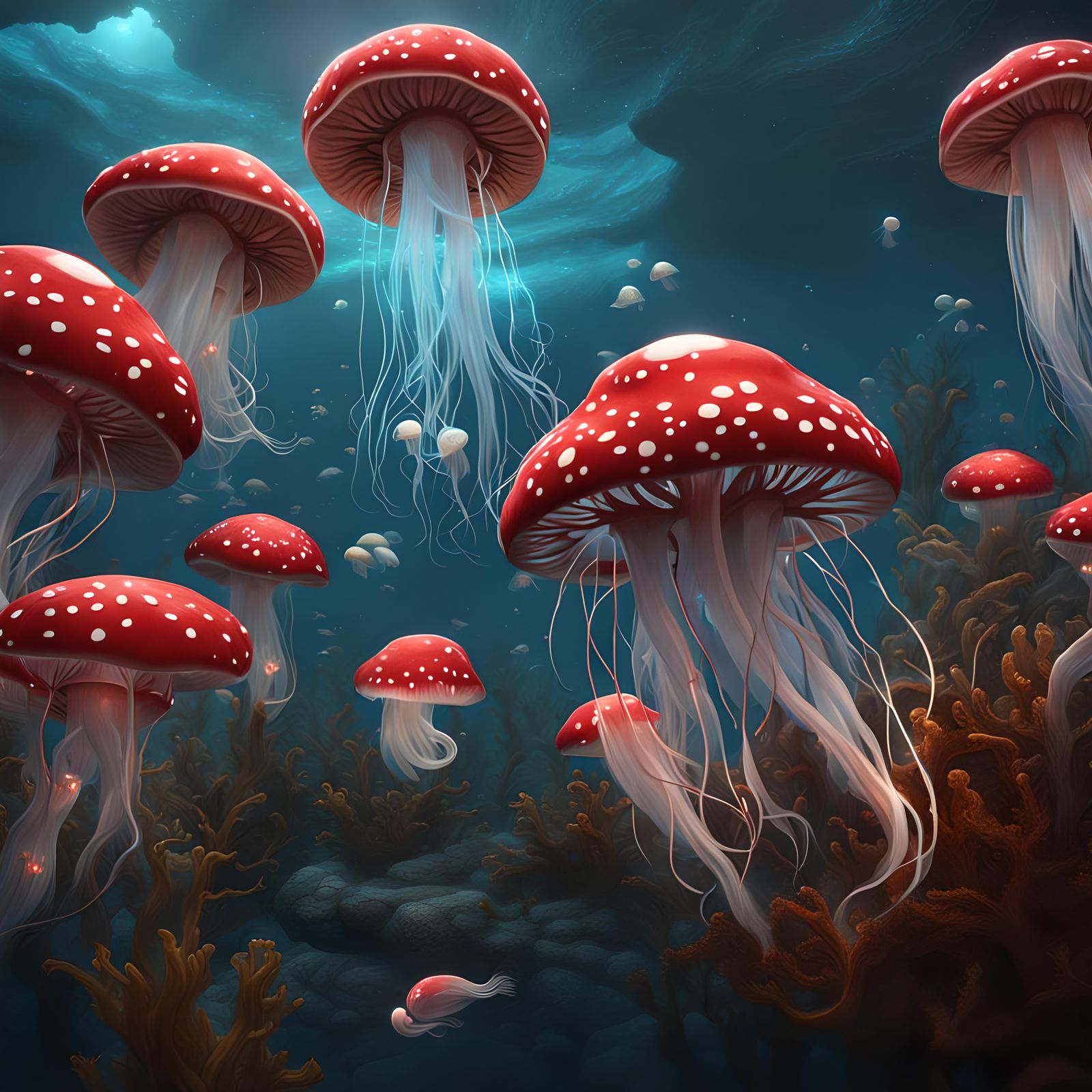 Bioluminescent Mushroom Jellyfish and Fish in Deep Color