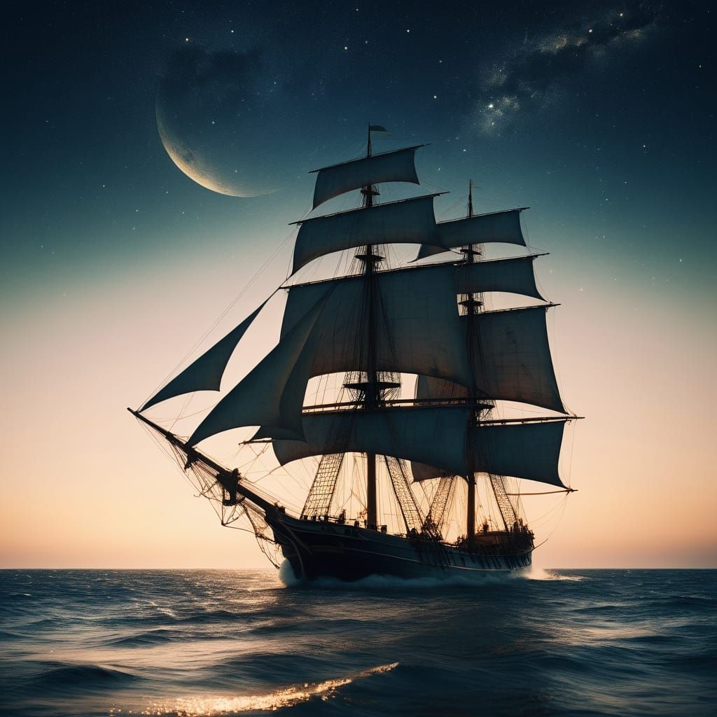 Sailing Ship Under Starry Sky at Golden Hour