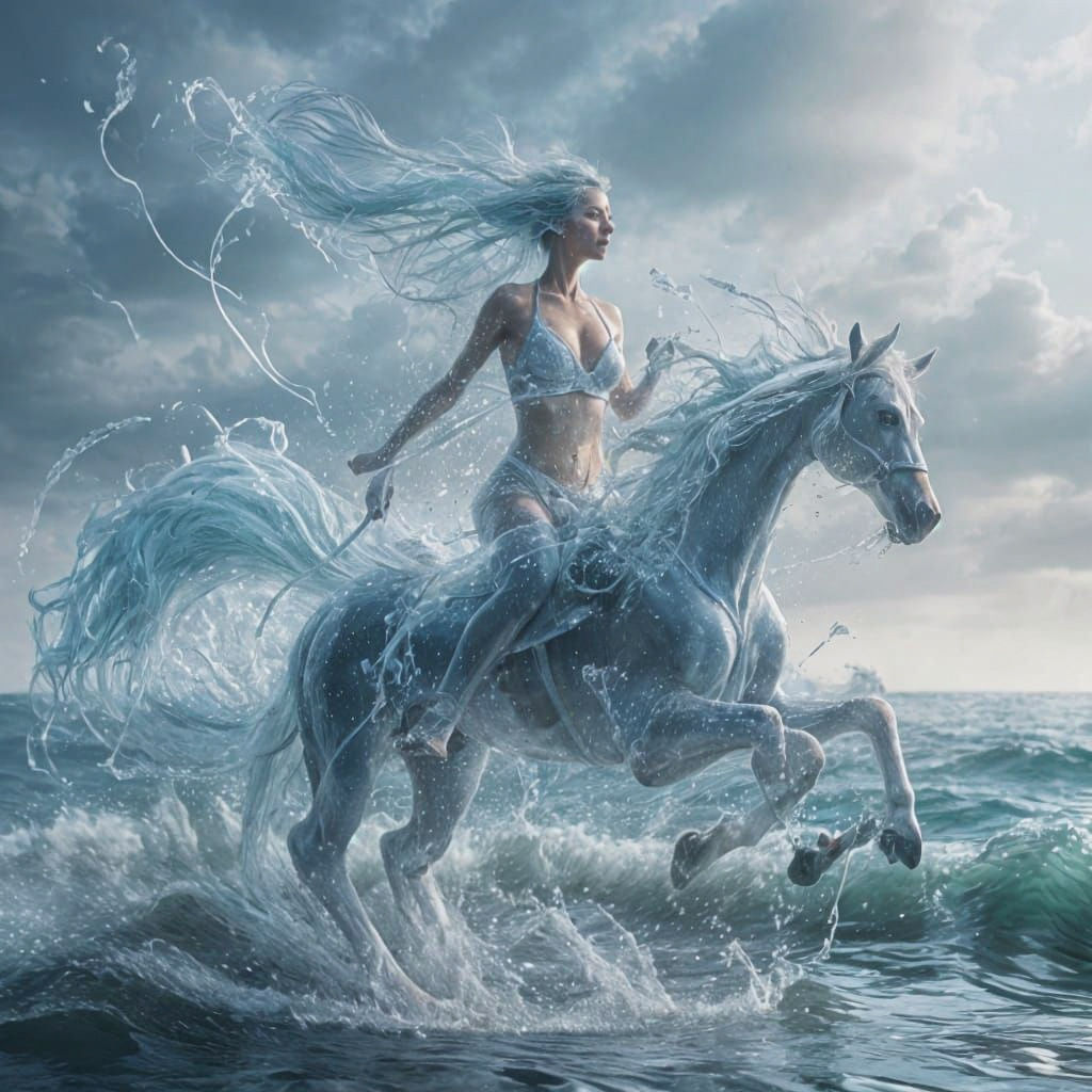 Majestic Water Horses Galloping on Shoreline Waves