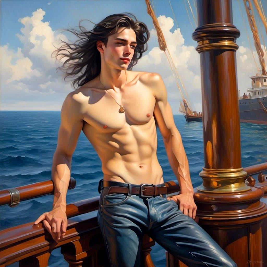 Handsome Man with Flowing Hair on Ship