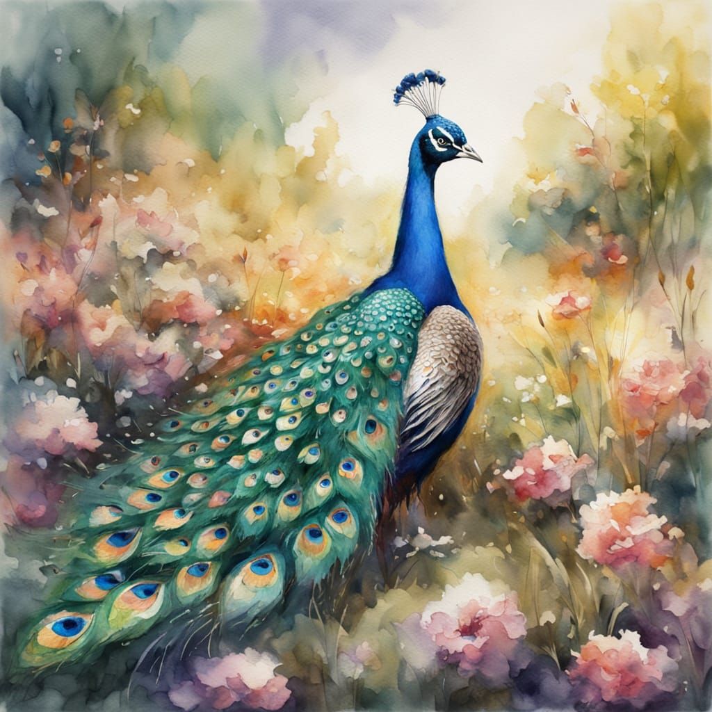 Vibrant Watercolor Peacock in Blossom Meadow