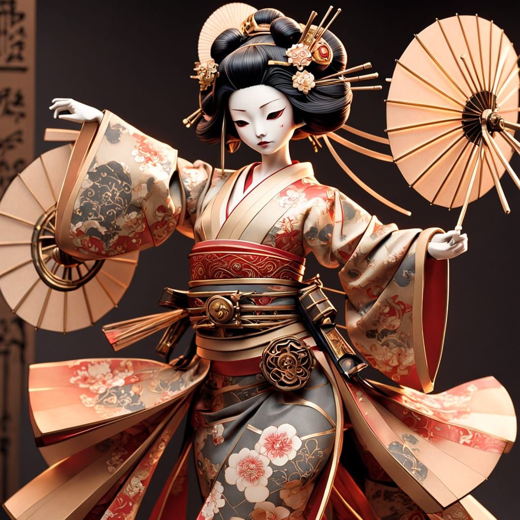 Elegant Steampunk Geisha Automaton in Motion