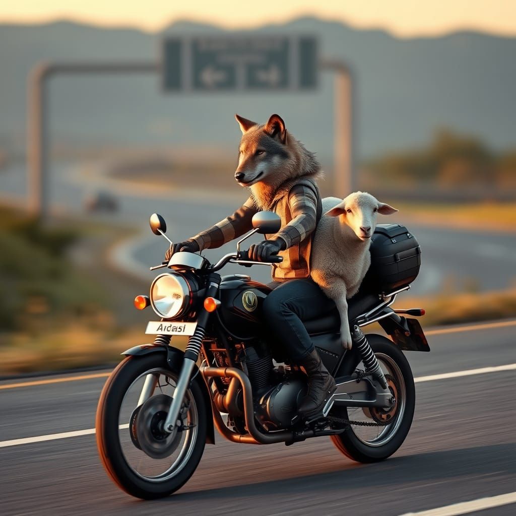 Wolf and Sheep Ride Motorbike on Highway at Dusk