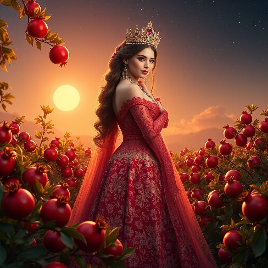 Regal Lady in Pomegranate Garden Basks in Golden Light