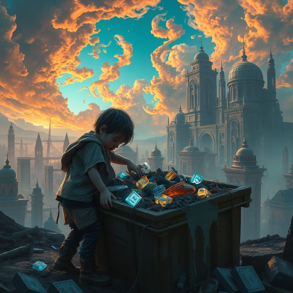Dystopian Cityscape: Child and Mystical Dumpster