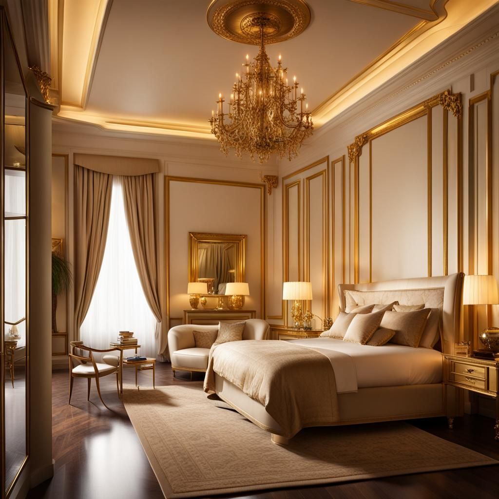 Luxurious Ivory and Gold Hotel Bedroom at Dusk