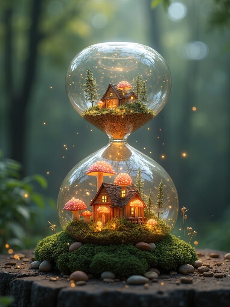 Whimsical Glass Hourglass Village in Radiant Light