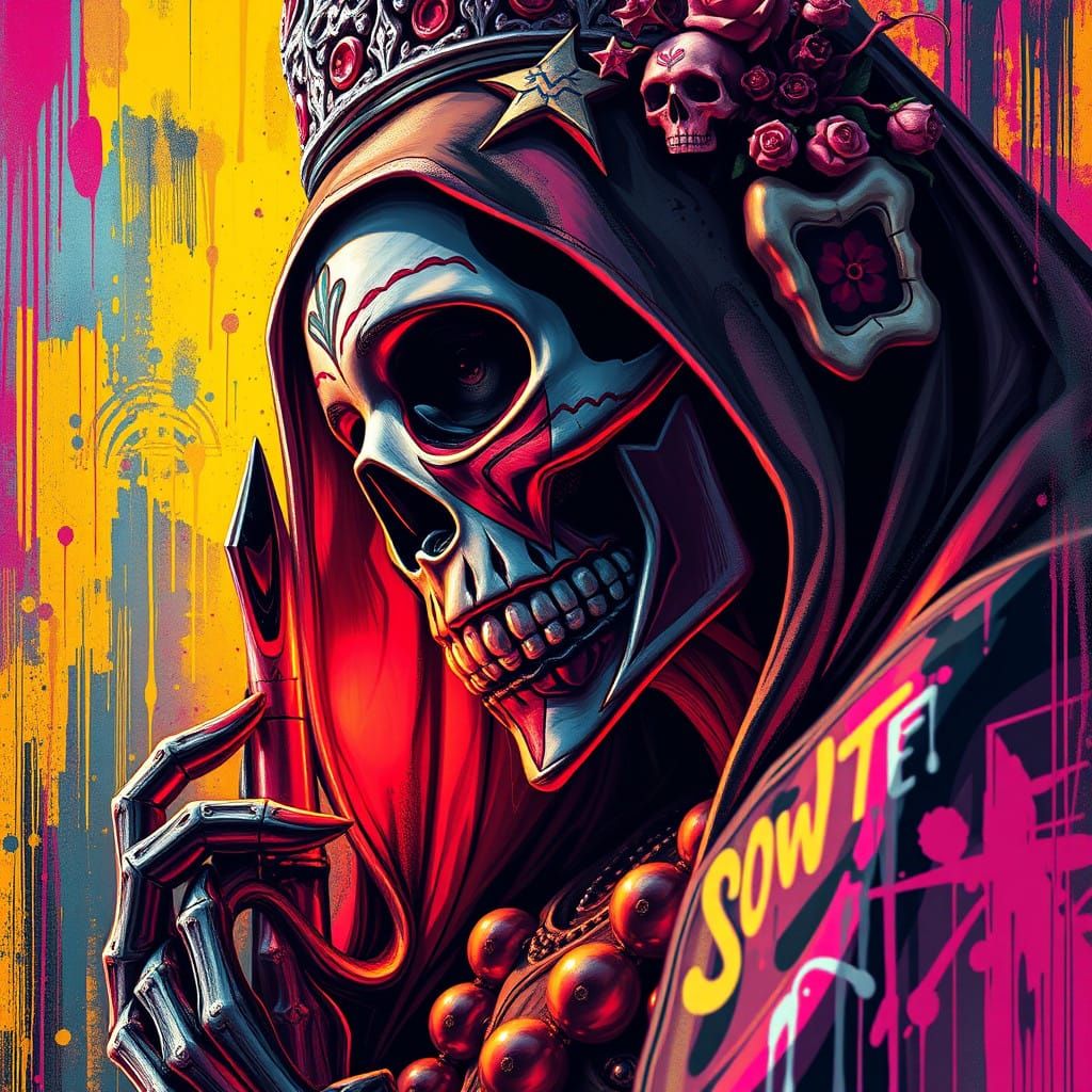 Vibrant Santa Muerte in Slow Death Graffiti Art Style