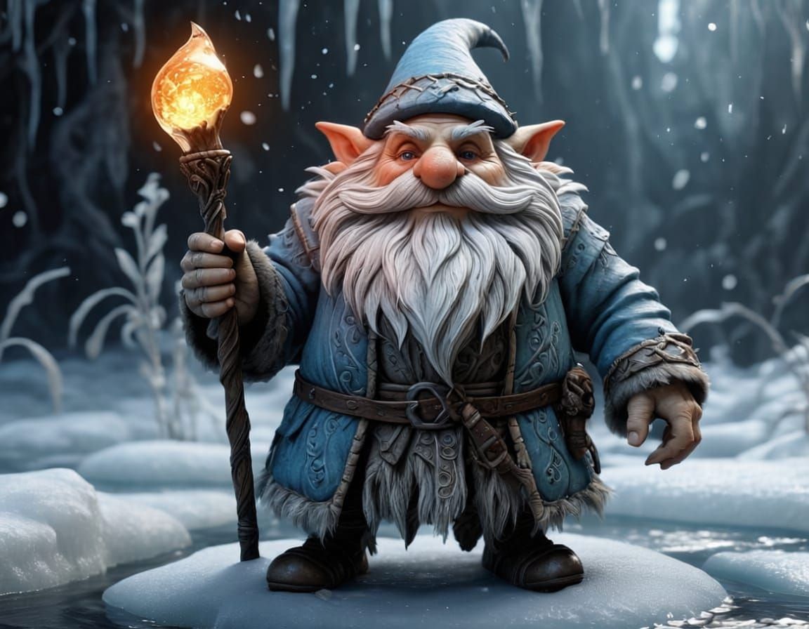 Winter Gnome Ice Skating on Frozen Pond