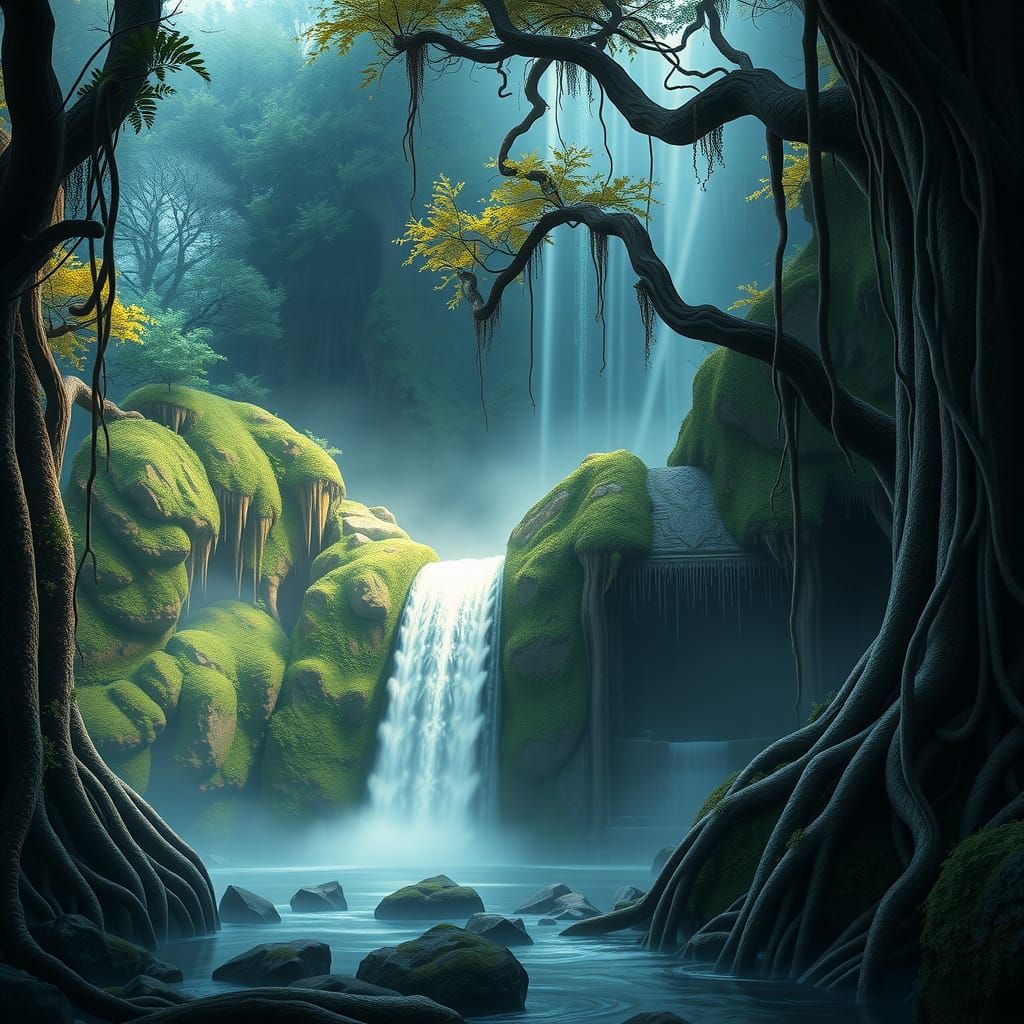 Mystical Waterfall Cascade in Ancient Forest