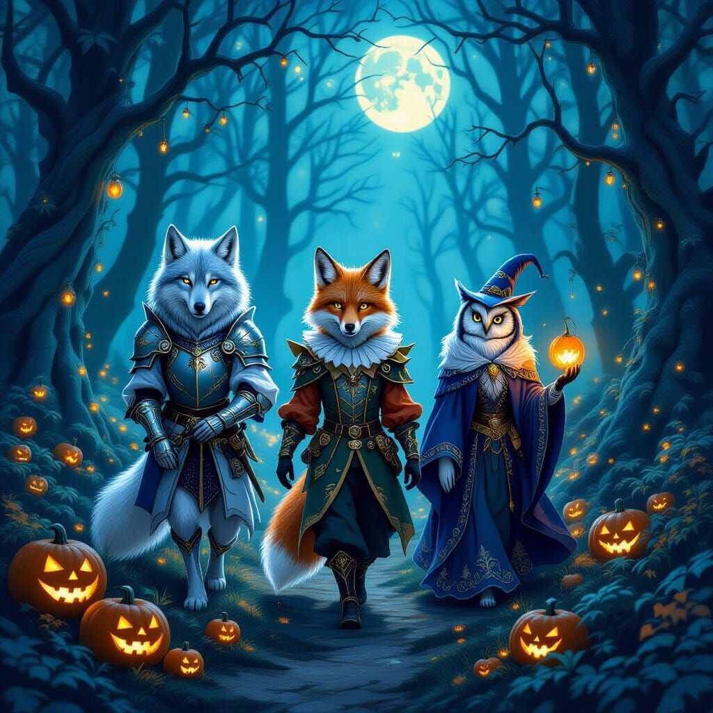 Ethereal Animals in Halloween Costumes in Enchanted Forest
