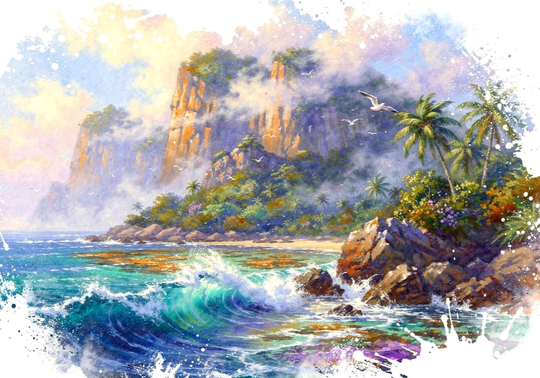 Tropical Island Atoll in Ethereal Watercolour Splatter Style