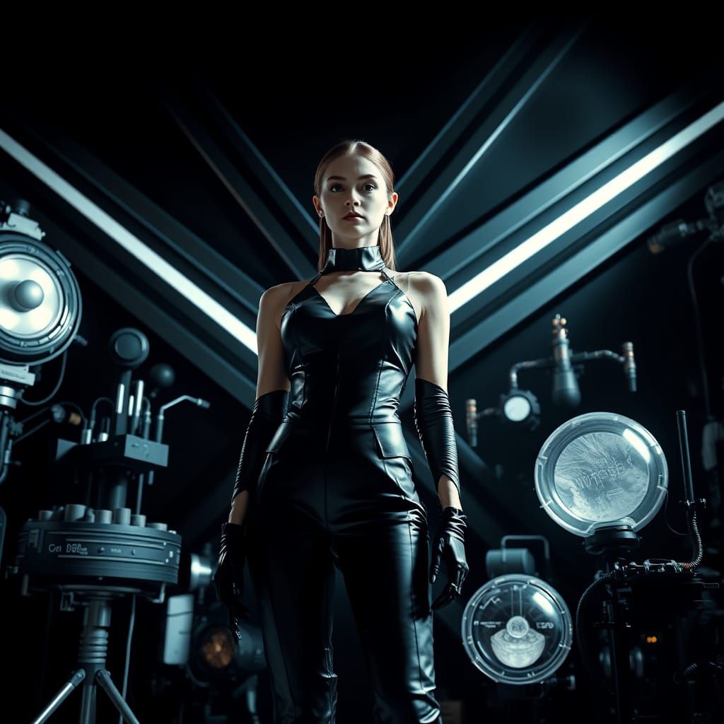 Futuristic Woman in Sci-Fi Scene with Sleek Jumpsuit