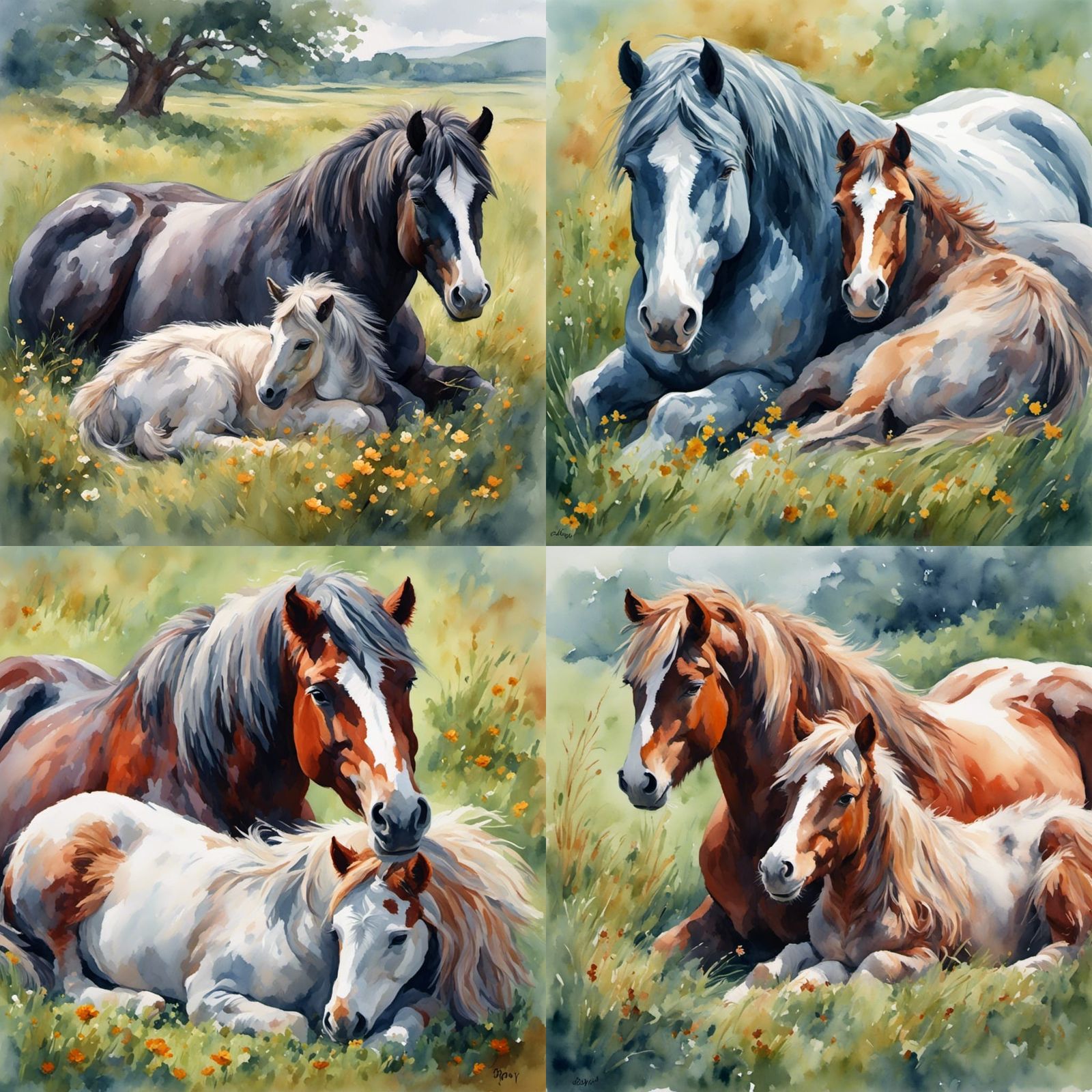 <lora:Detailed Painting:1.0> a little fat shetland pony sleeping in the grass with his mum textured painterly artistic <...