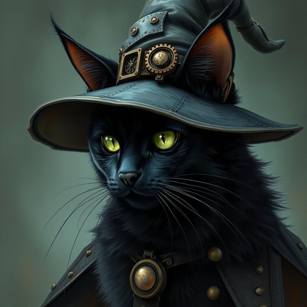 Gothic Steampunk Cat in Witch Hat