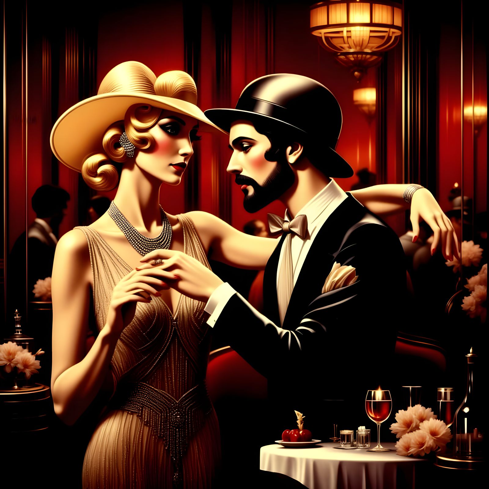 Blond lady and bearded gentleman dancing at a supper club
