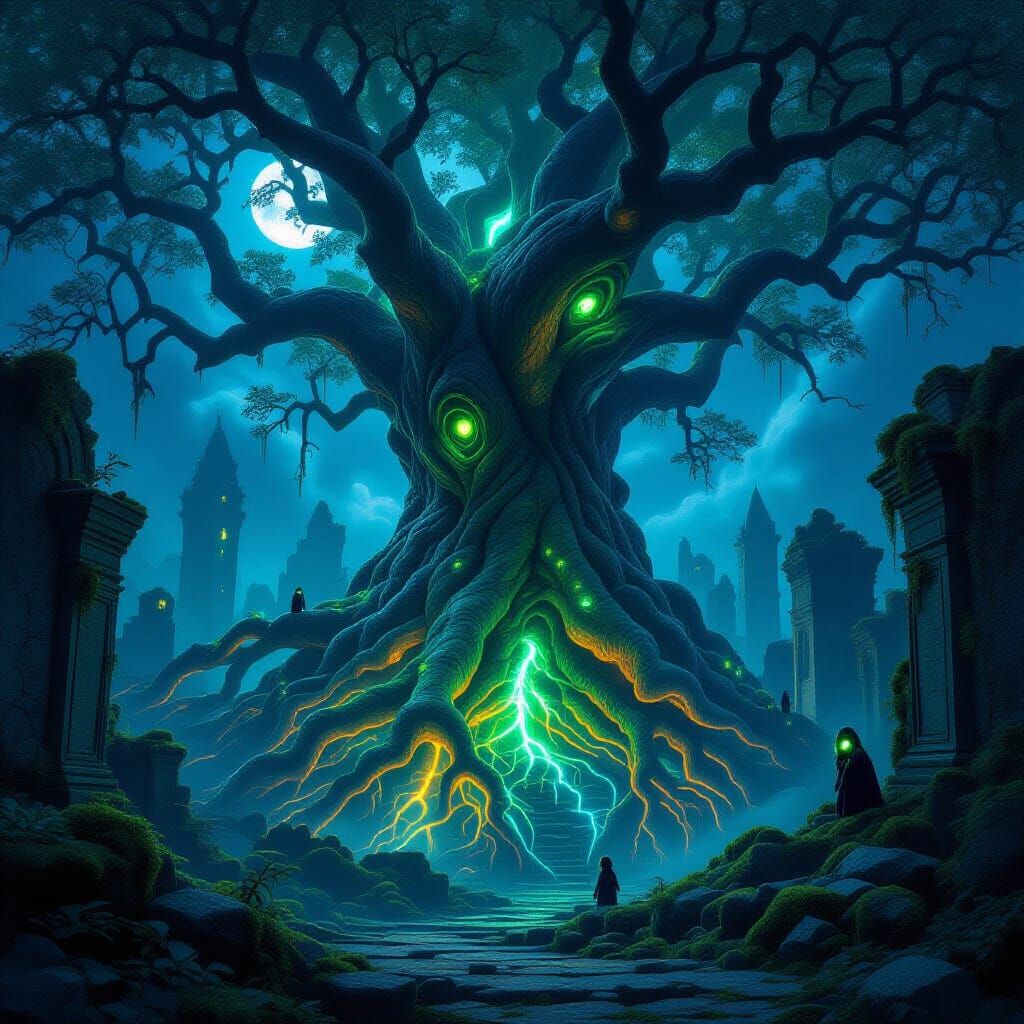 Ancient Bioluminescent Tree Overlooking Ruined City